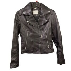 SOIA & KYO Women's Black Leather Moto Jacket Asymmetrical Zip Cropped Size XS
